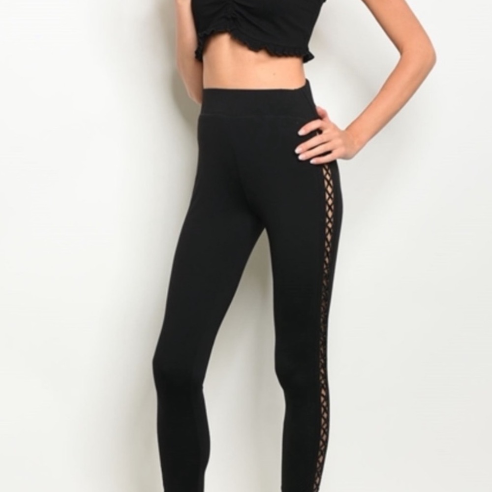 Black Lace Up Side Detail Leggings